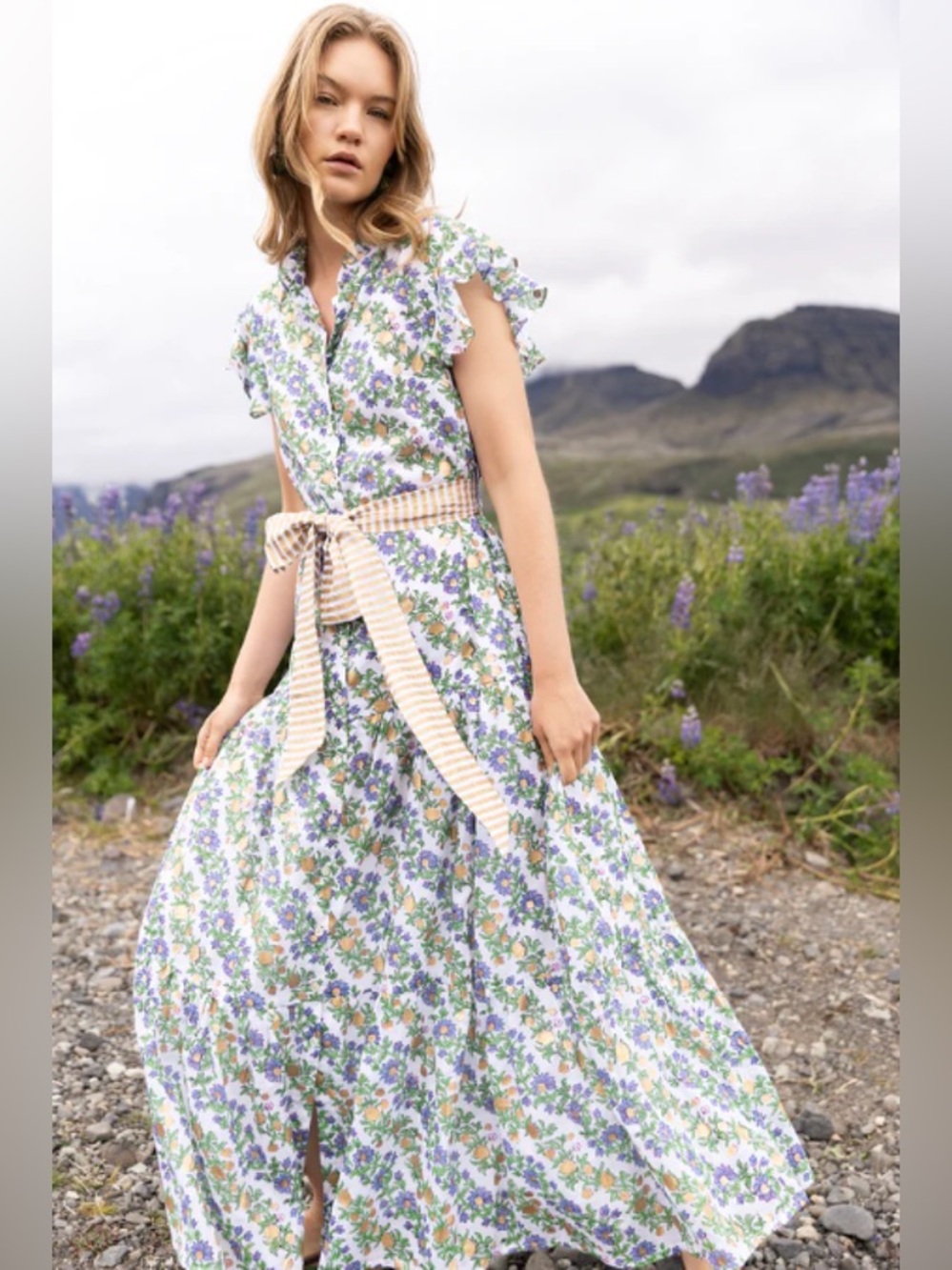 Oliphant Ruffle Collar Button Maxi- Lupina Peri